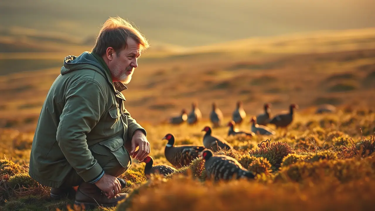 Un hombre observa aves en Escocia, sereno