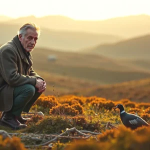 Un hombre pensativo observa un gallo en la Pyrenéos