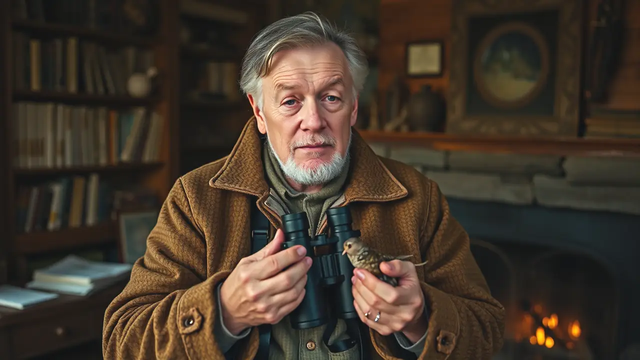 Un hombre observa el petirrojo en un rincón cálido