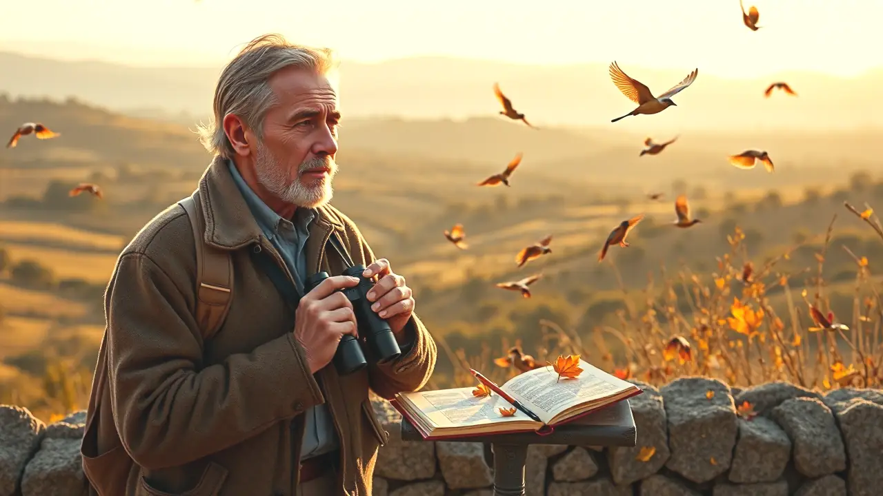 Un ornitólogo observa aves en Andalucía dorada