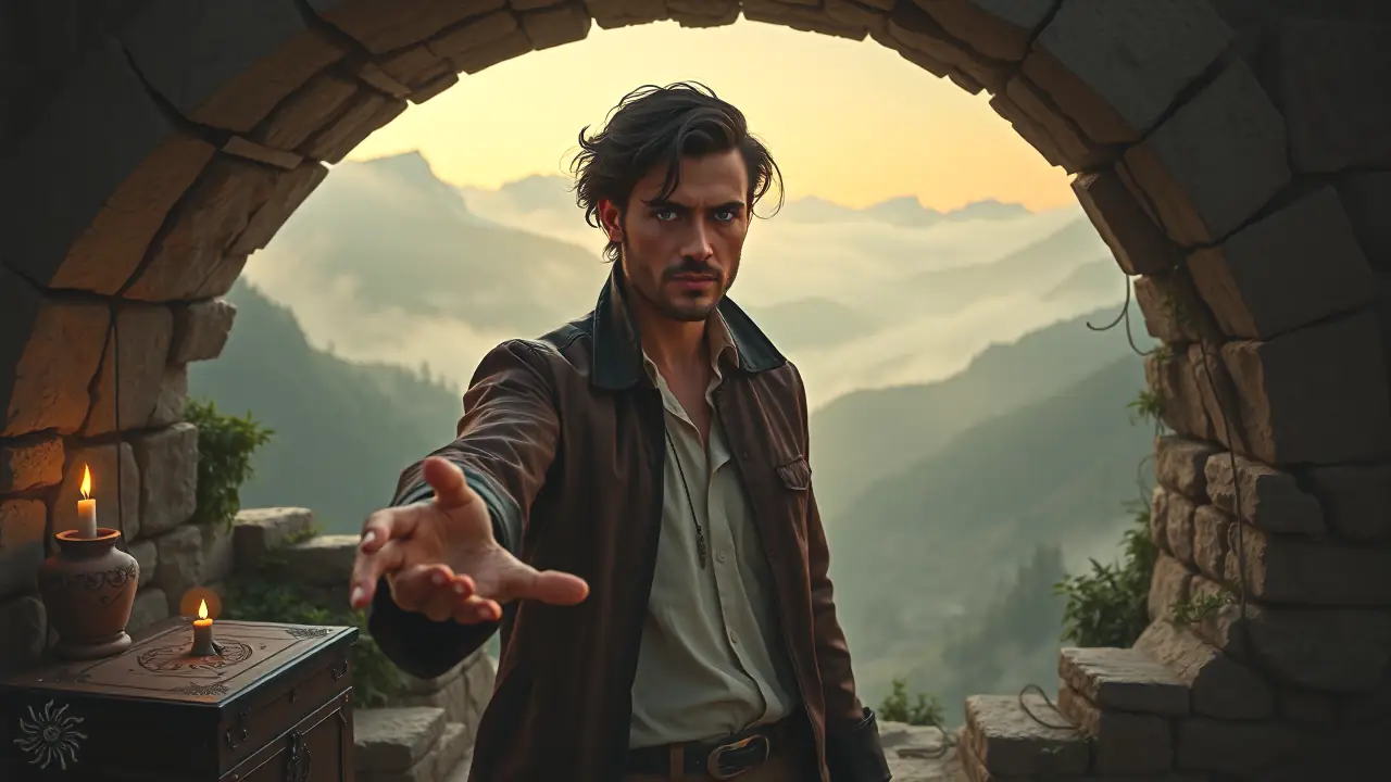 Un hombre aventurero explora ruinas misteriosas en la montaña