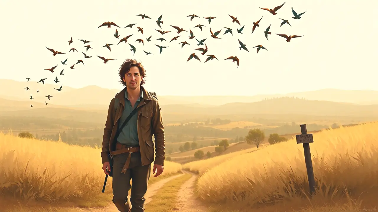 Un hombre español contempla aves en el campo