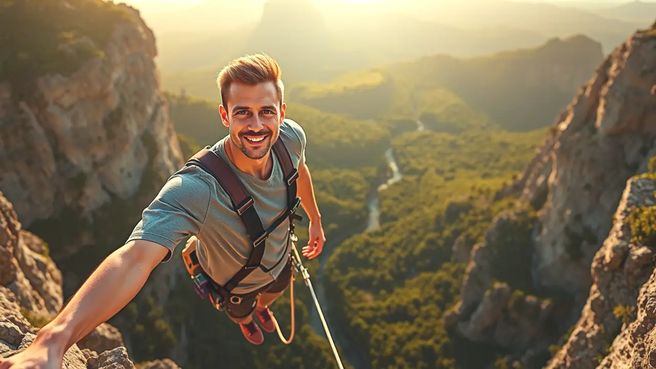 Puenting España: ¡Adrenalina y Naturaleza en Bungee Jumping! 8 Un hombre atlético salta con confianza al vacío