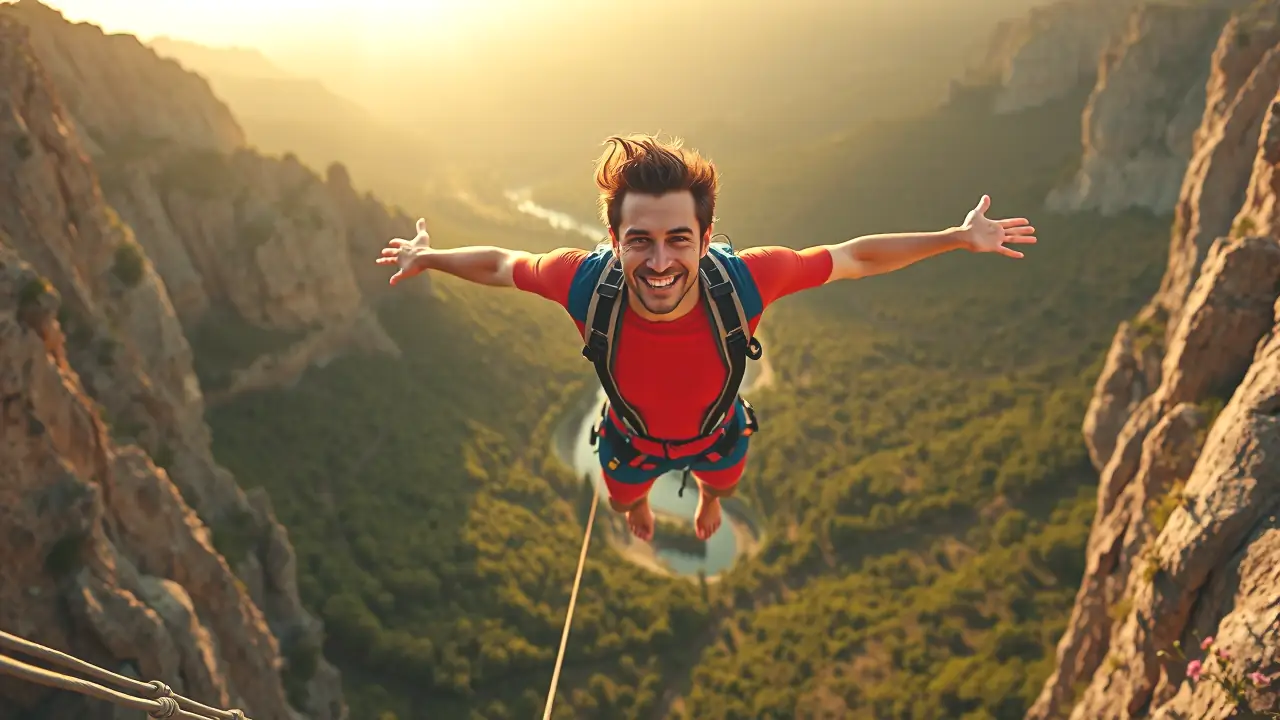 Puenting España: ¡Adrenalina y Naturaleza en Bungee Jumping! 4 Un hombre atlético salta en la aventura española