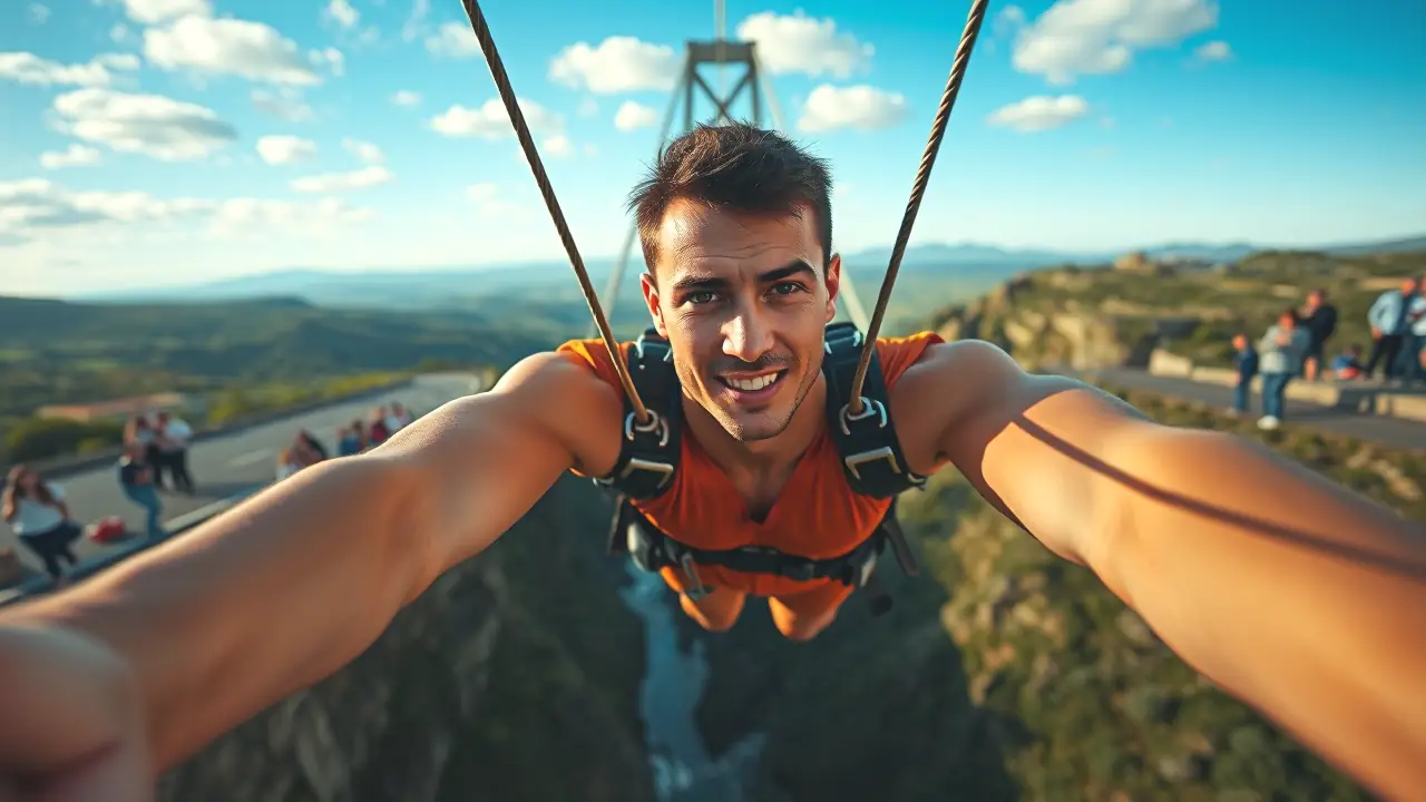 Puenting España: ¡Adrenalina y Naturaleza en Bungee Jumping! 3 Un hombre saltando en un puente dramático