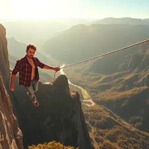 Un hombre atlético salta en bungee jumping