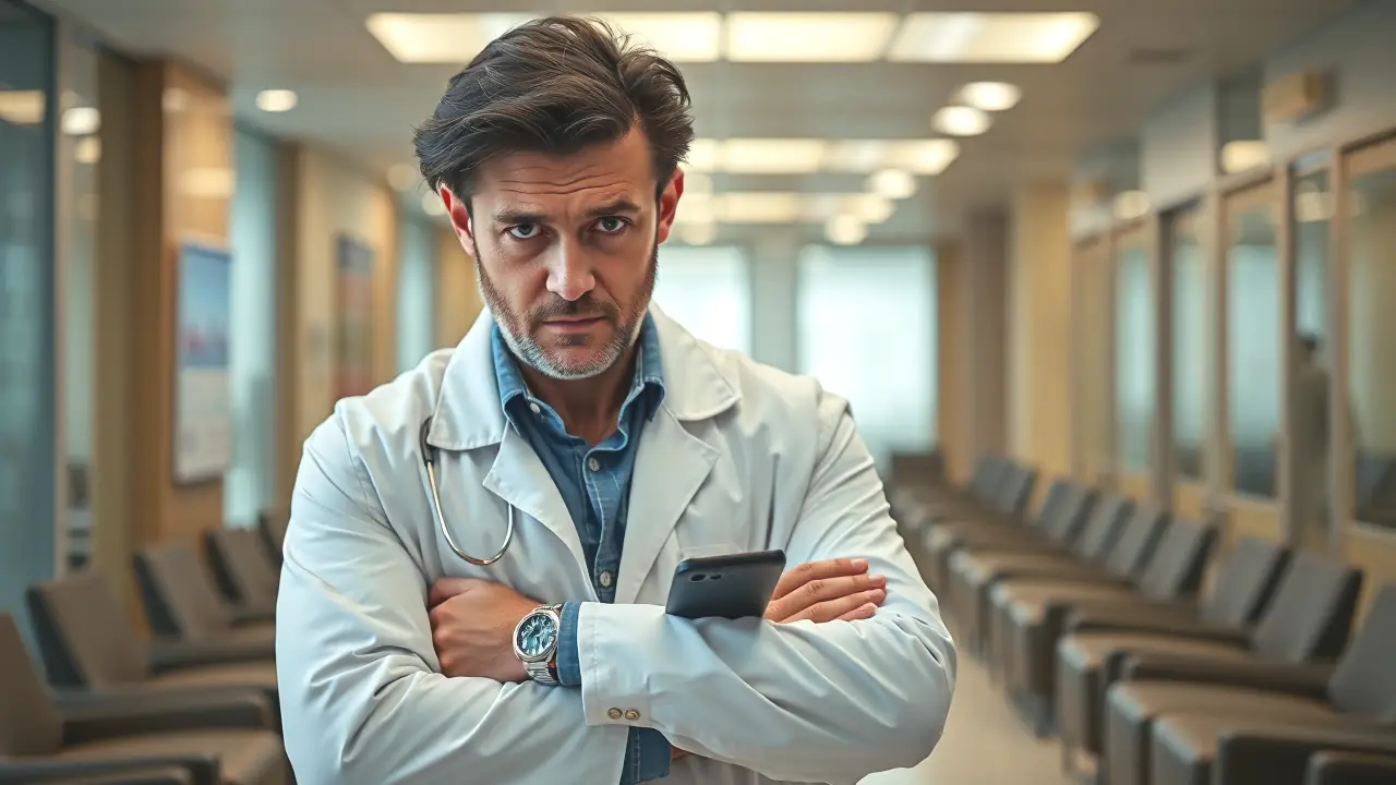 Un médico preocupado sostiene su brazo