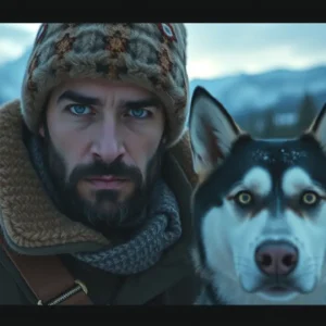 Un hombre robusto contempla la nieve y su husky