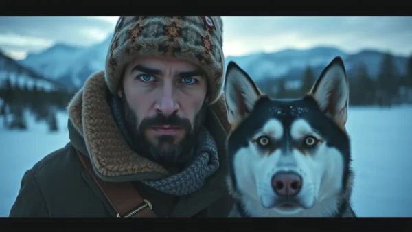 Un hombre robusto contempla la nieve y su husky