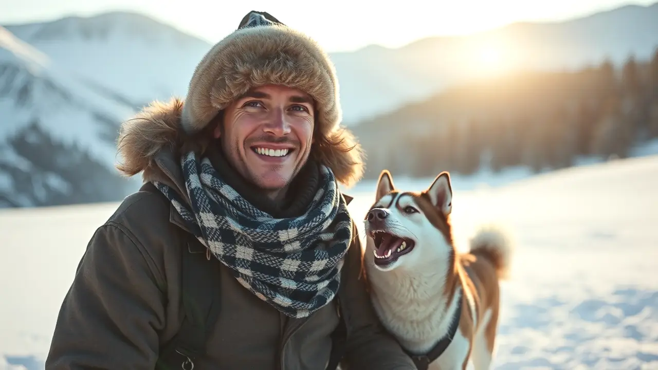 Un hombre robusto sonríe junto a su perro en la nieve