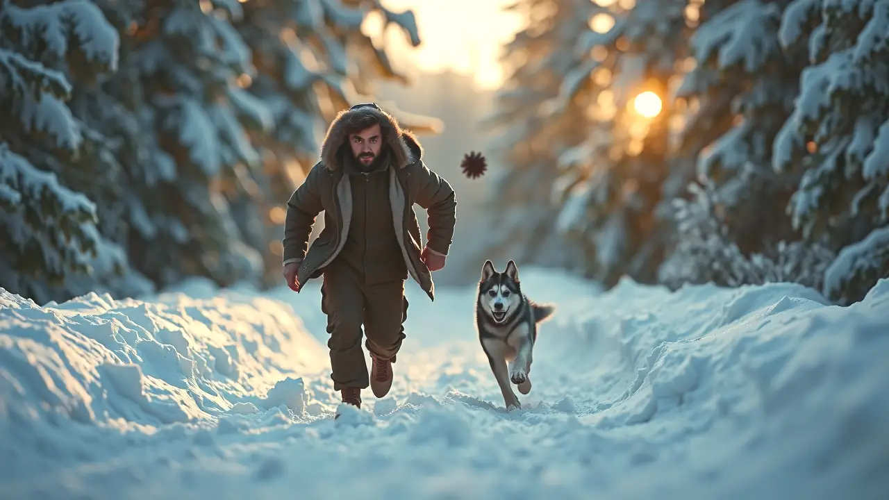 Un hombre y su husky corren en la nieve