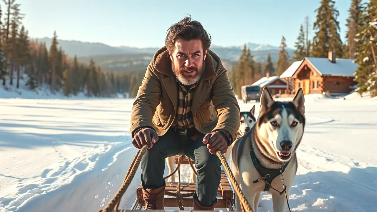 Un hombre robusto monta trineo en invierno