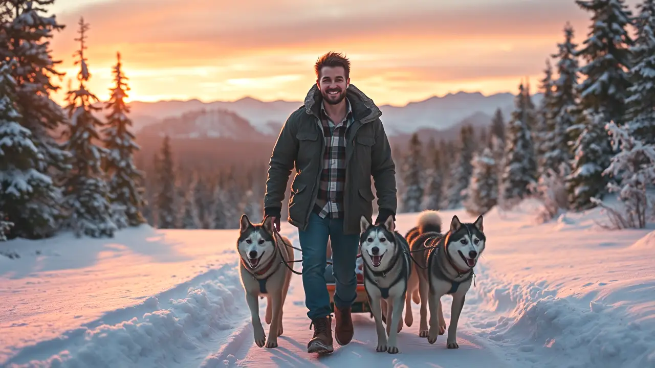 Un hombre robusto tira trineos nevados con huskies