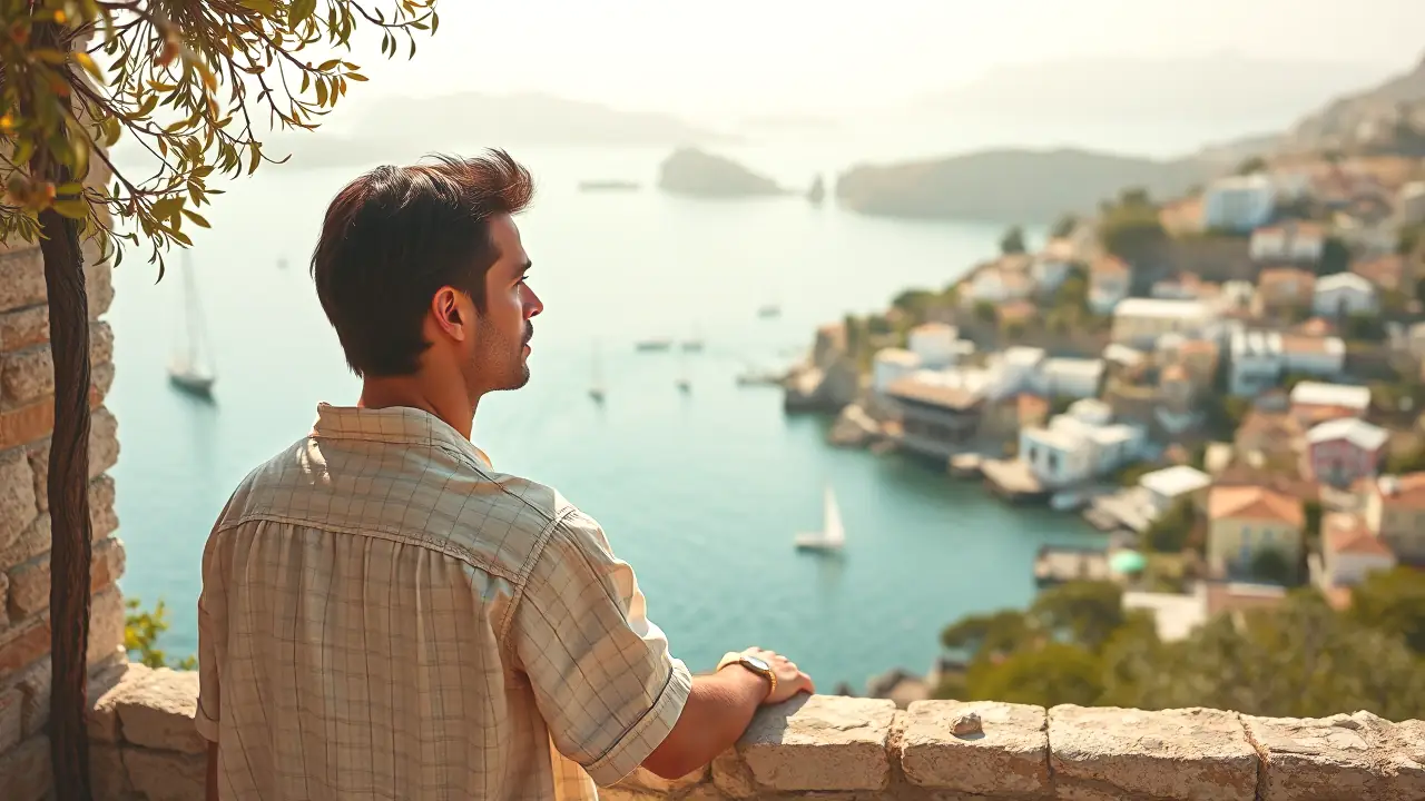 Un hombre contempla el mar tranquilo en Grecia