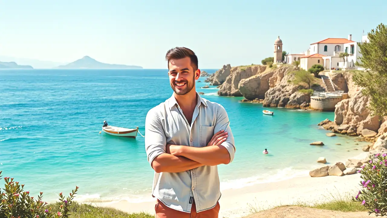 Un hombre tranquilo contempla el mar griego