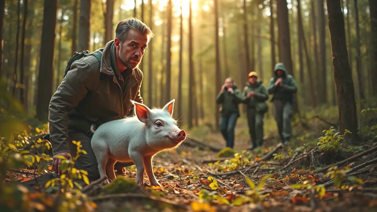 Un fotógrafo observa un cerdo salvaje en bosque