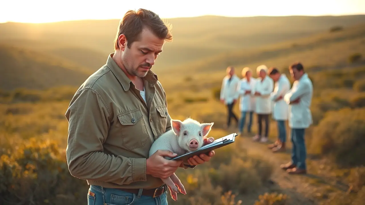 Un hombre observa a un cerdo salvaje en la Iberia rural