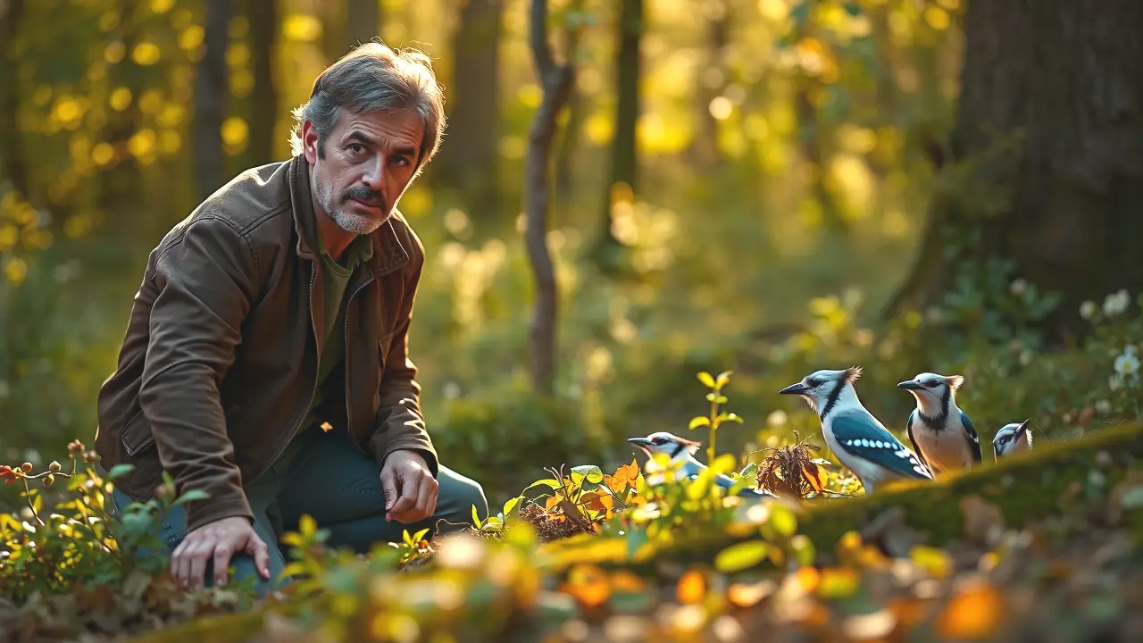 Un hombre observa aves en bosque dorado