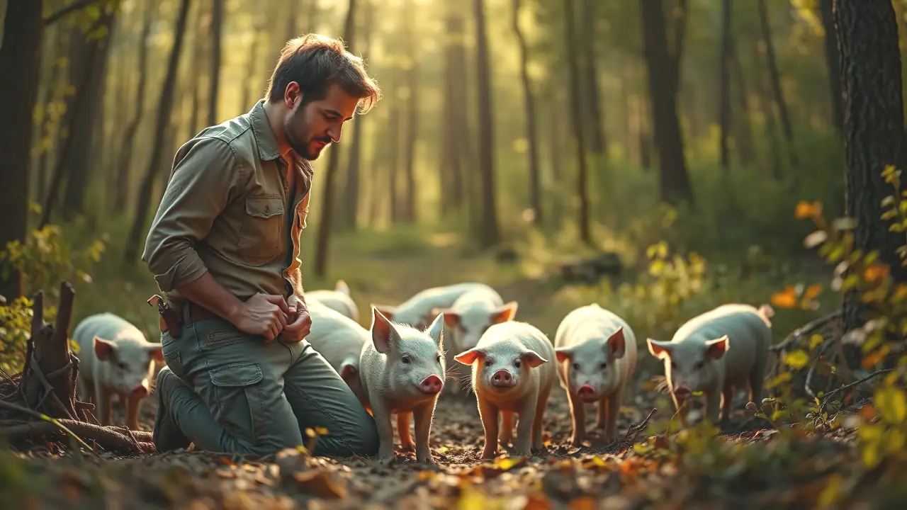 Un hombre observa cerdos salvajes en bosque