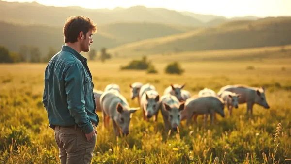 Un hombre observa jabalíes blancos en la España rural