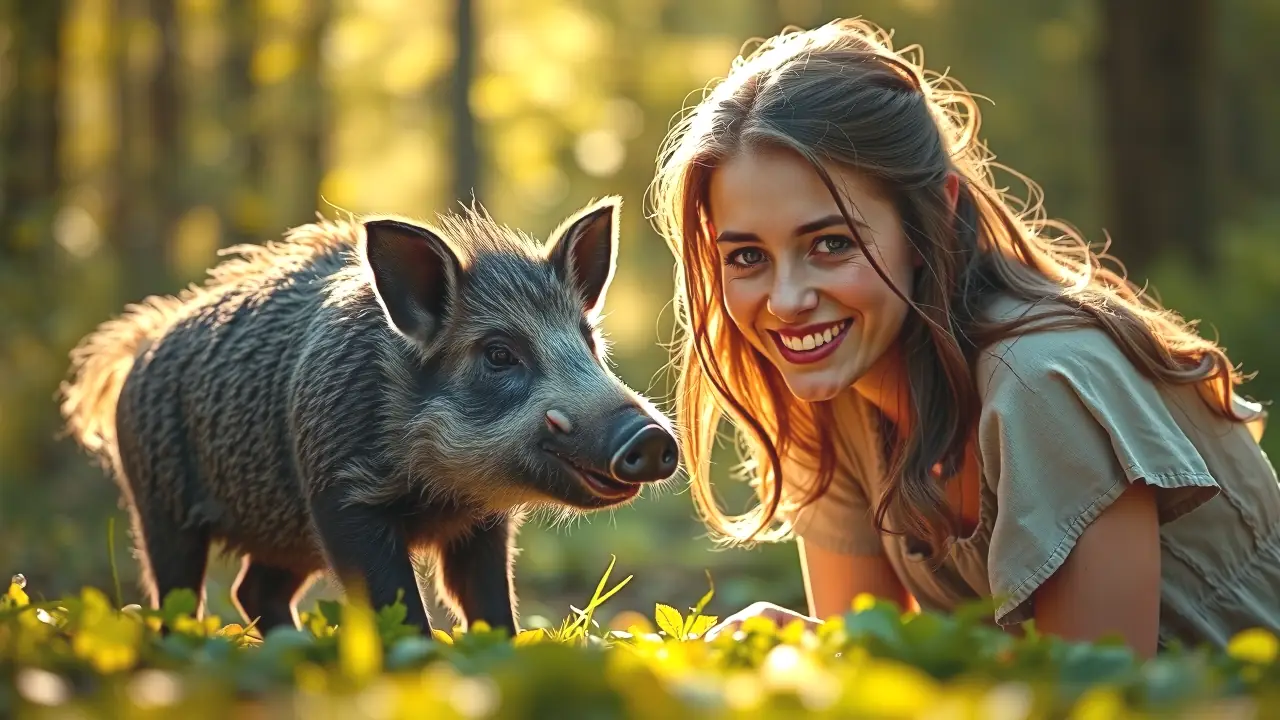 Una mujer observa a un cerdo joven en bosque