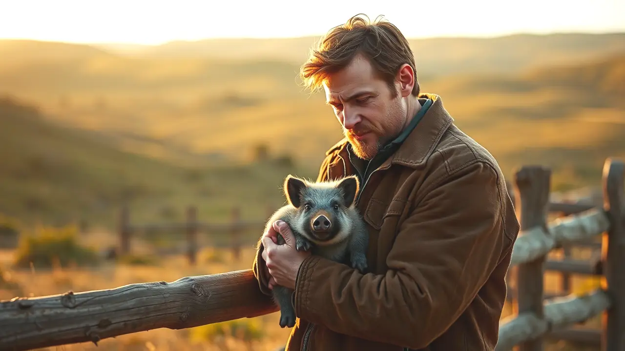 Un hombre español contempla a su ternero en España