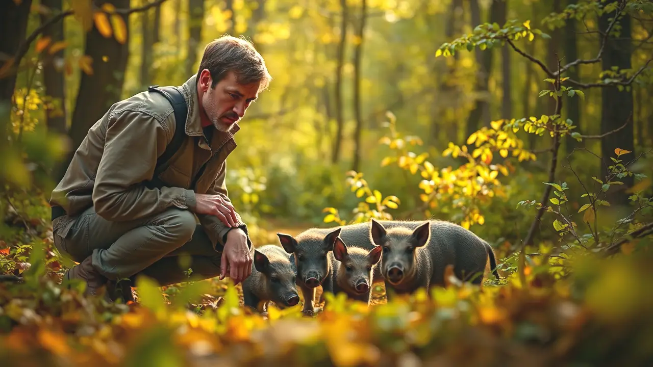 Un investigador observa cerdos salvajes en bosque