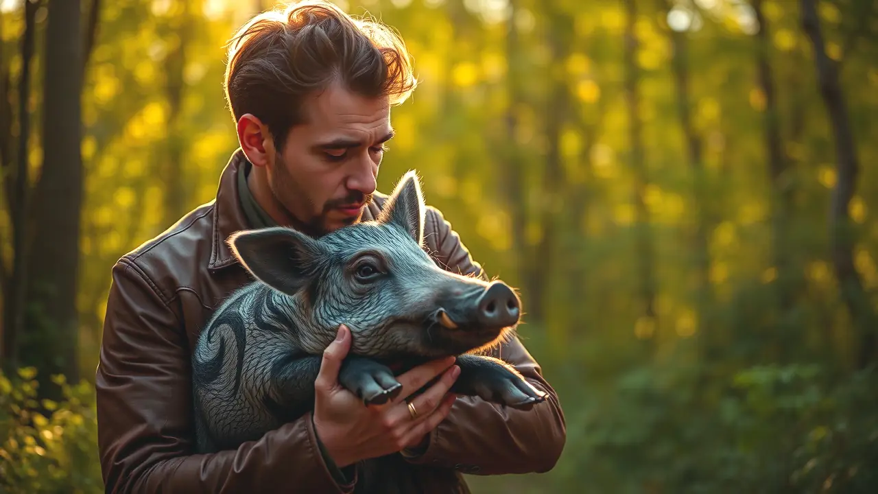Un hombre observa a la jabalí con confianza