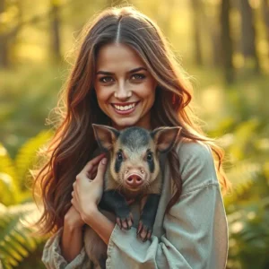 Mujer española sonríe con su pequeño jabalí