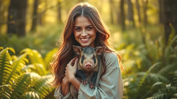 Mujer española sonríe con su pequeño jabalí