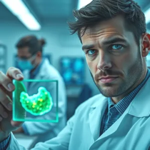 Un médico examina un ciste brillante en laboratorio