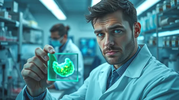 Jabali España: Blastocystis, Riesgo Zoonótico y Salud Pública 116 Un médico examina un ciste brillante en laboratorio