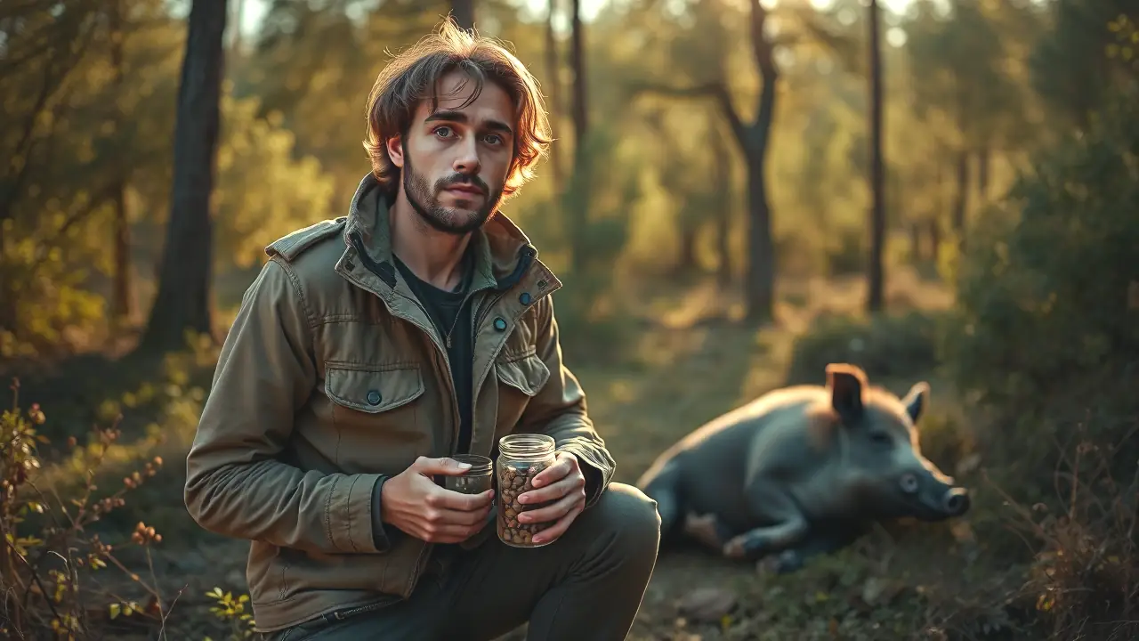 Un fotógrafo español estudia un jabalí en bosque