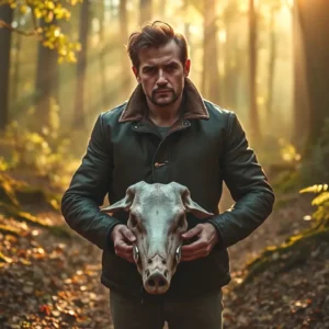 Un hombre serio sostiene un cráneo de jabalí en bosque