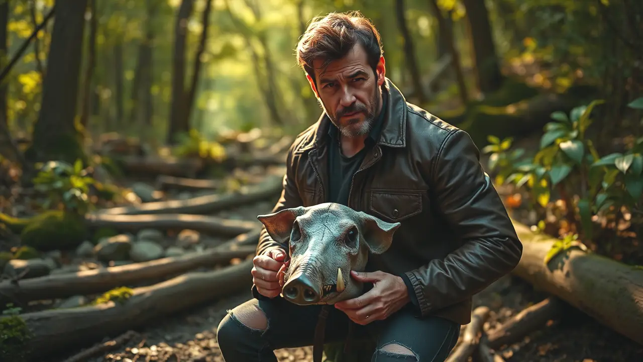 Un fotógrafo serio sostiene un cráneo de jabalí