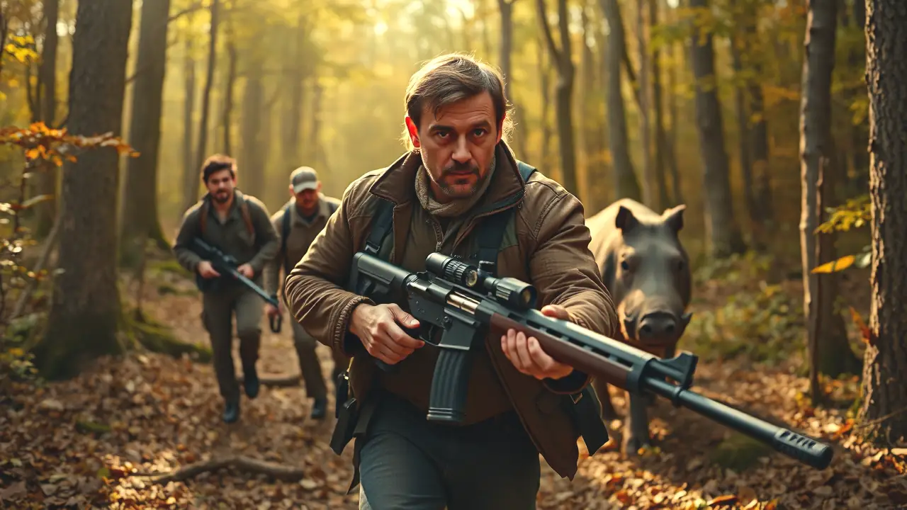 Un fotógrafo rastrea el jabalí en bosque