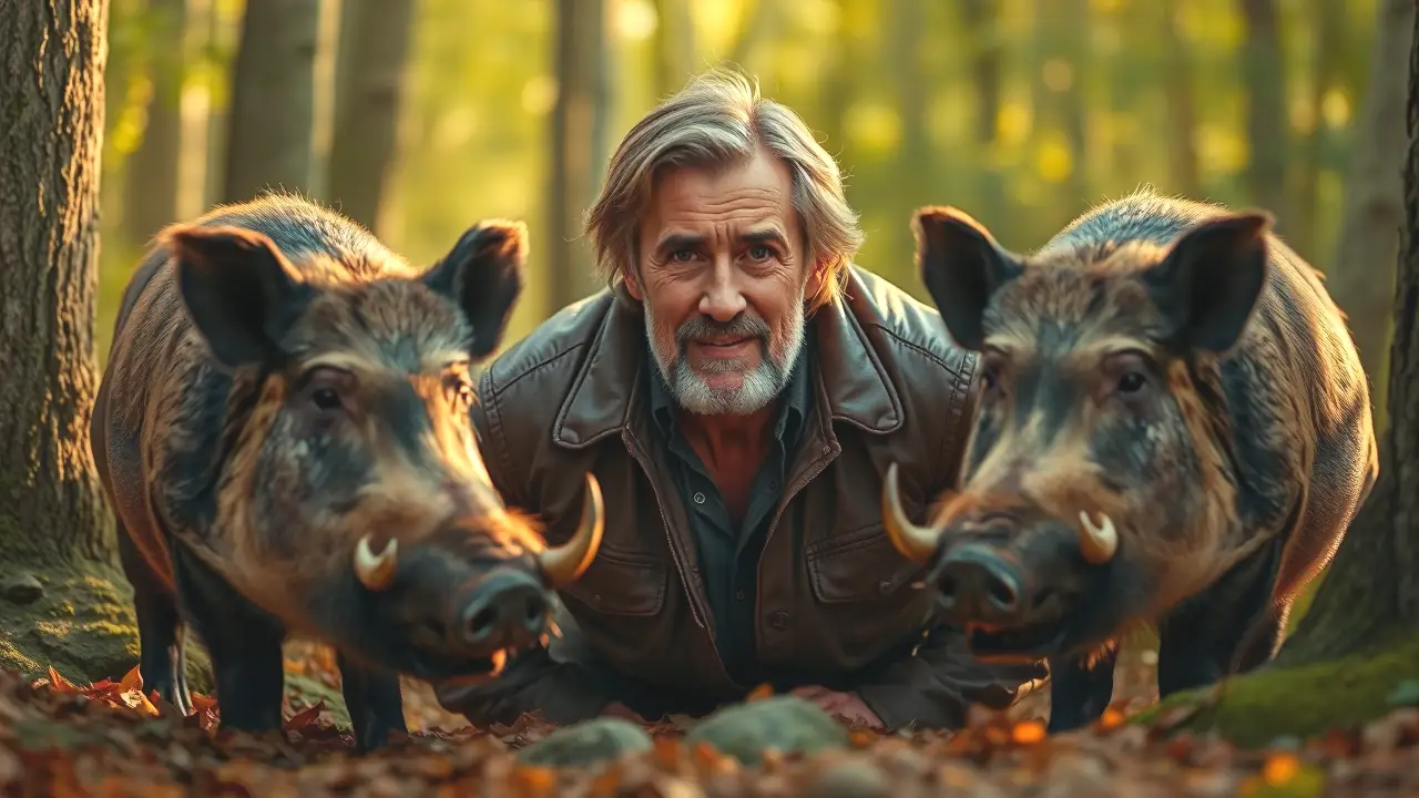 Un hombre observa osos en bosque dorado