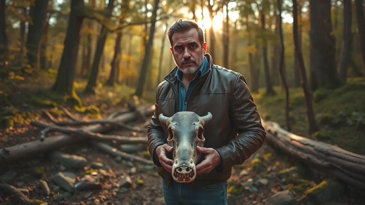 Un fotógrafo serio sostiene un cráneo de jabalí