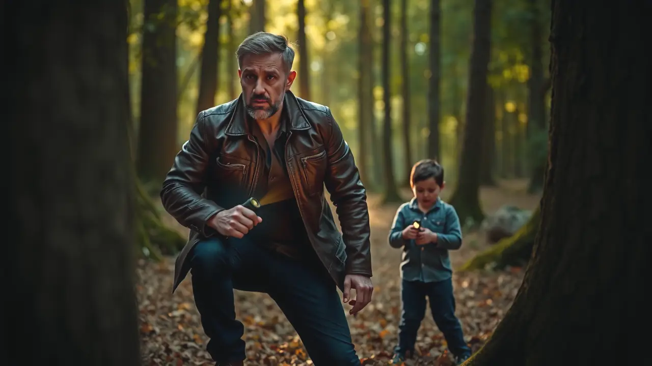 Jabali Macareno: Encuentro Peligroso y Cómo Reaccionar 2 Un hombre preocupado observa a un niño en el bosque