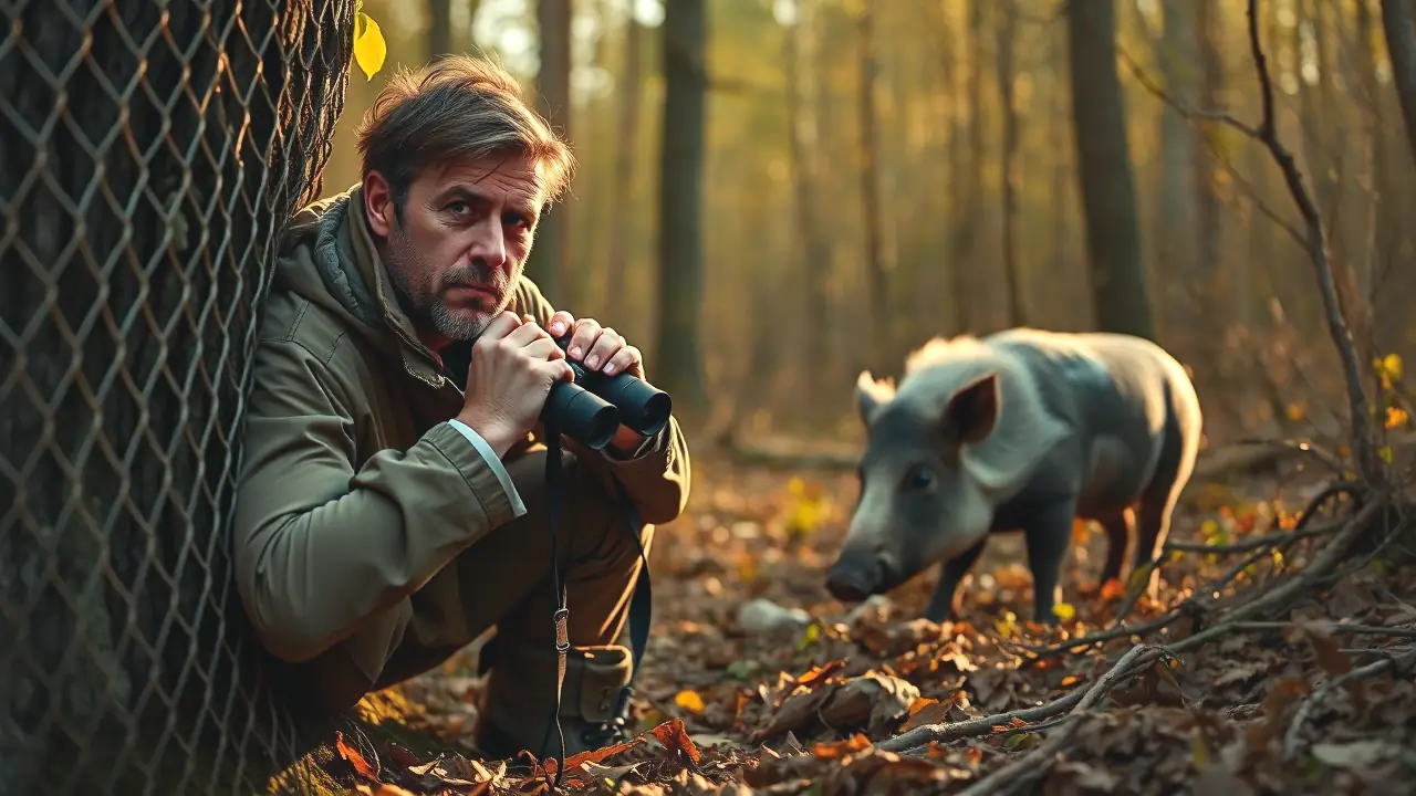 Un fotógrafo observa un jabalí en bosque