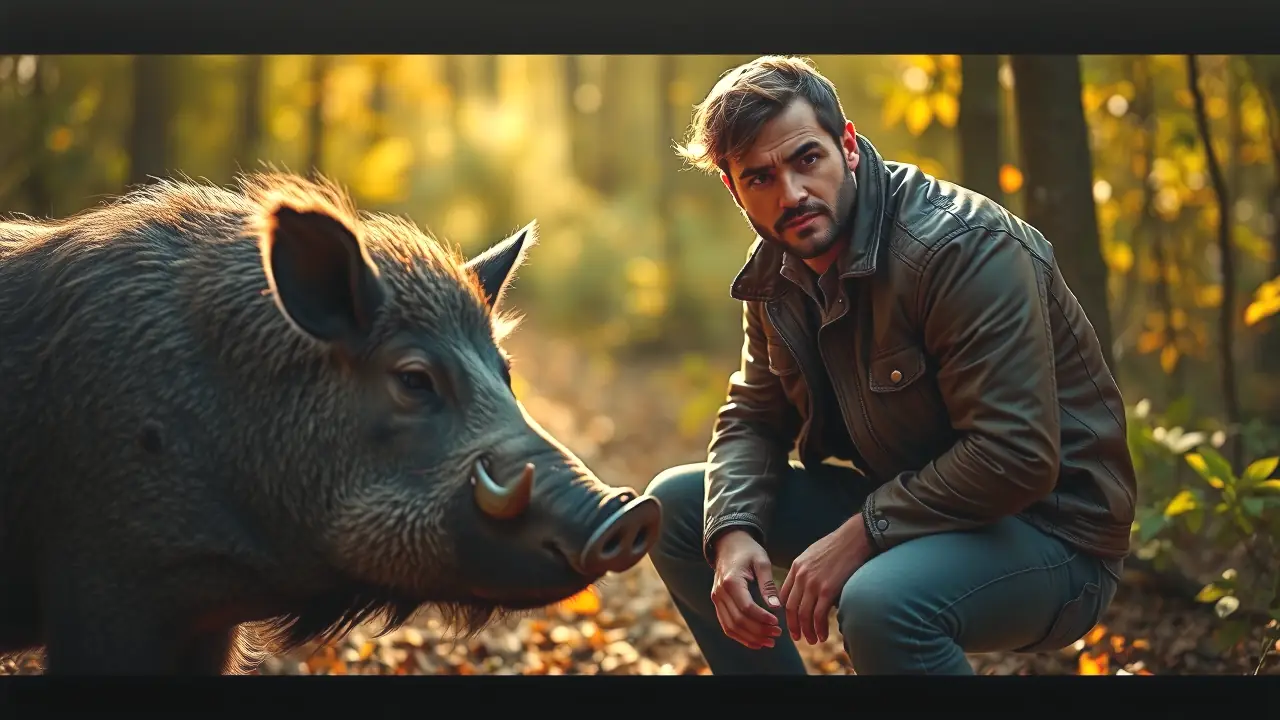 Un hombre observa a una jabalina en bosque