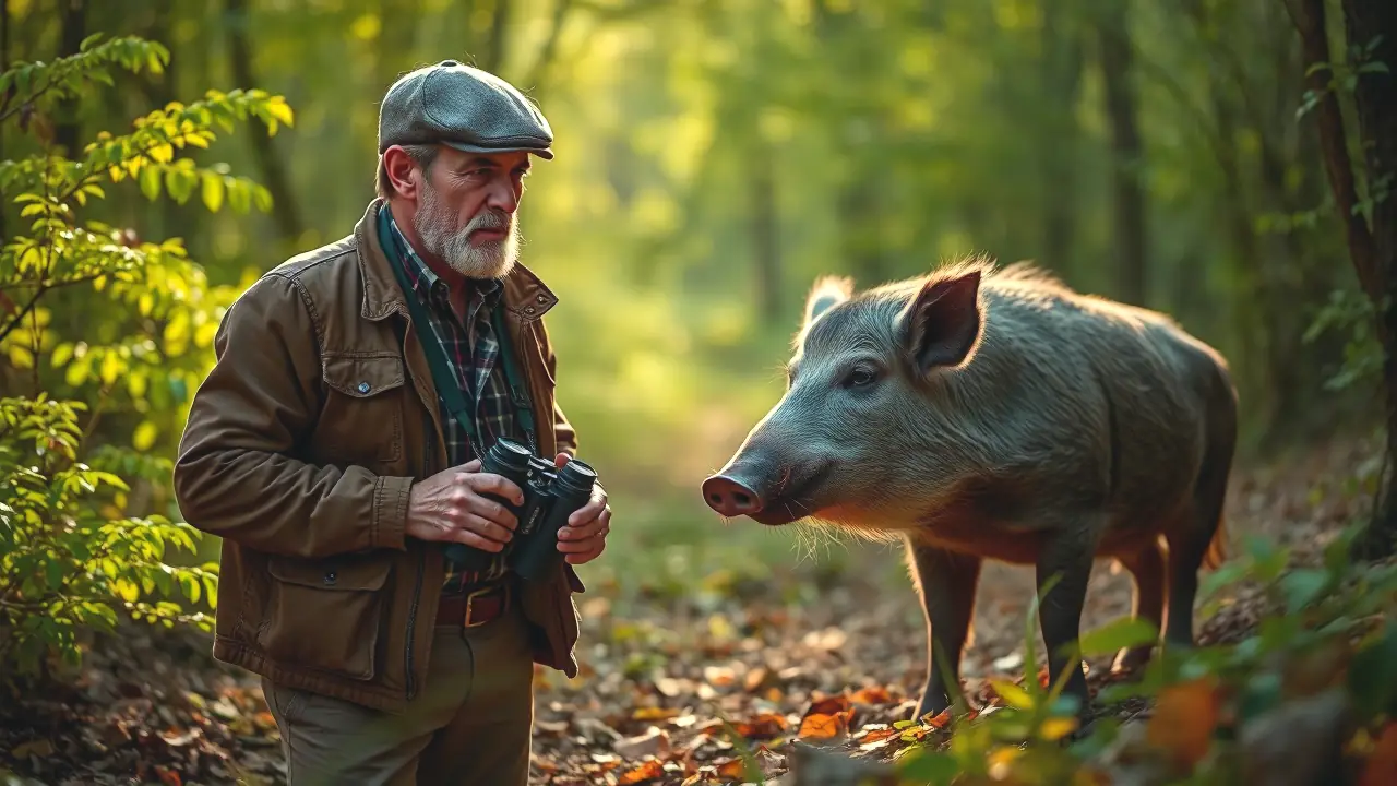 Un cazador observa un jabalí en bosque