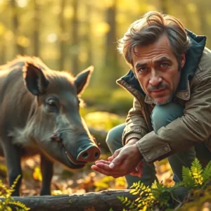 Un hombre pensativo observa un jabalí en bosque