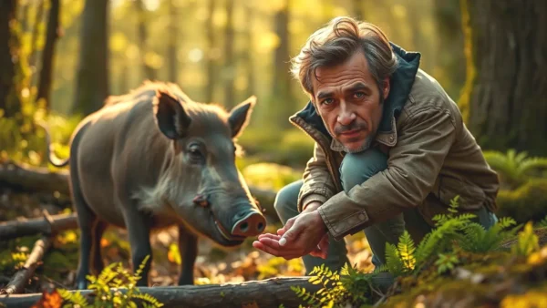 Un hombre pensativo observa un jabalí en bosque