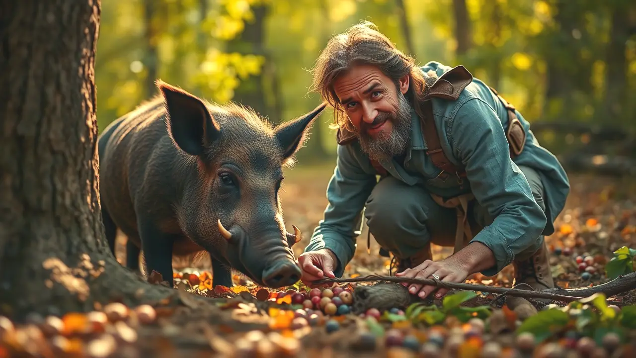 Un hombre español busca alimento en bosque