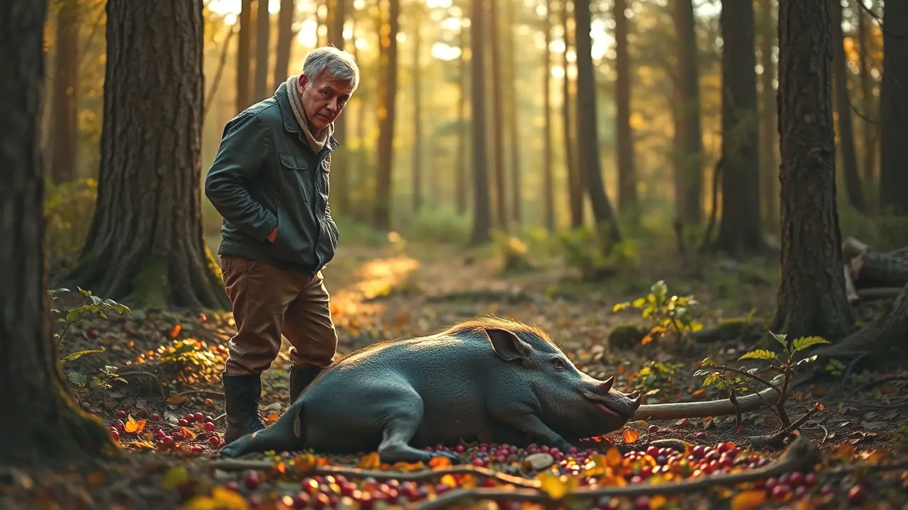 Un cazador contempla el jabalí en bosque