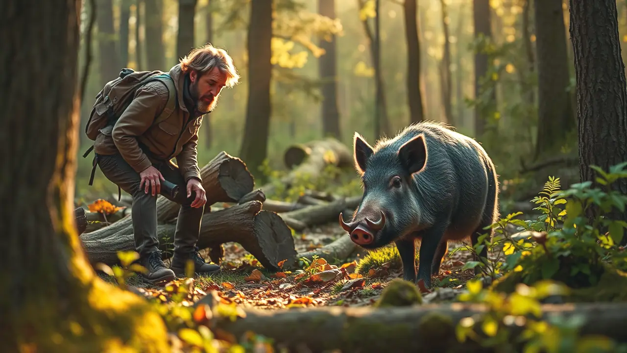 Un hombre observa un jabalí en el bosque