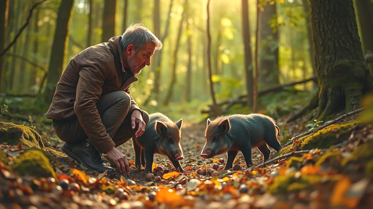 Un hombre observa a un jabalí en bosque