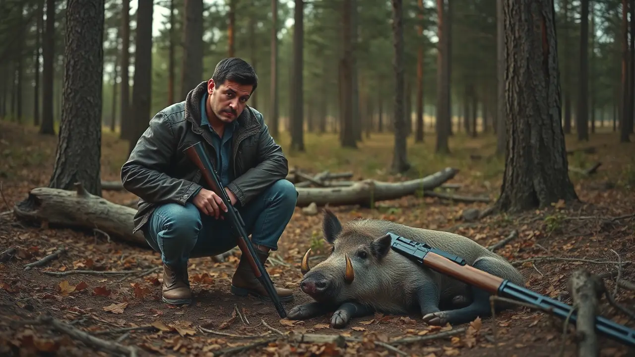 Un hombre triste observa el jabalí muerto en la sierra