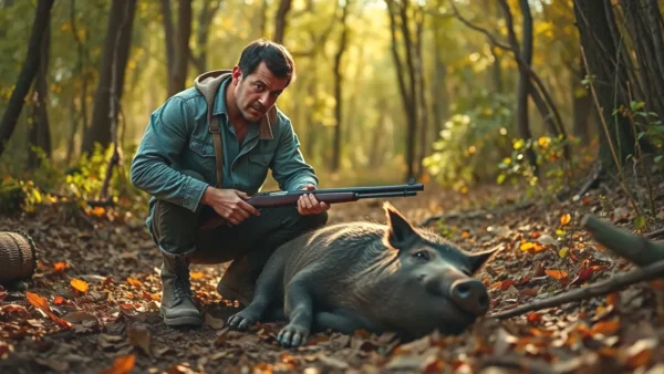 Un hombre serio examina el jabalí en bosque
